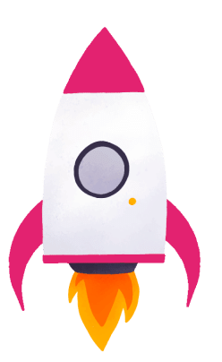 Illustration réalisée à la main d'une fusée blanche et rose avec une flamme orange en bas de la fusée qui se dirige vers le haut.